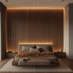 A modern bedroom with a platform bed, wood paneled wall, and warm lighting.
bedroom, japandi, minimalist, wood paneling, accent lighting, platform bed, nightstand
 #bedroomdesign #japandi #minimalist #woodpaneling #accentlighting